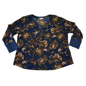 Coldwater Creek Waffle Knit Vintage Vibe Henley Top Blue Jewel Tone Florals 2X